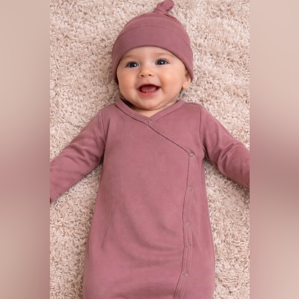 Mauve Baby Gown Set with Beanie